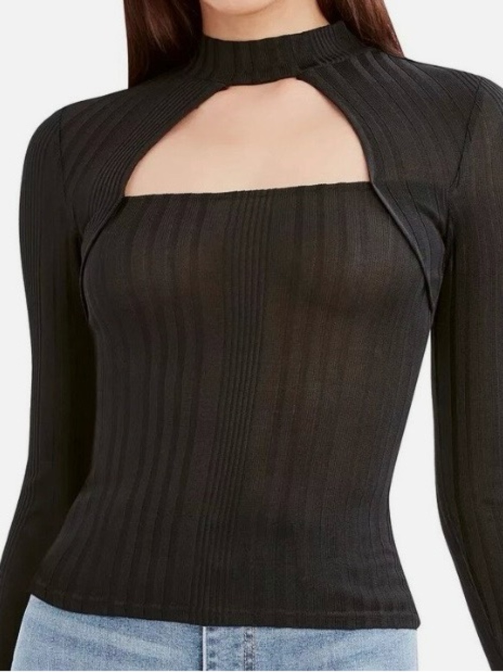 BCBG Black Ribbed Cutout Mock Neck Top